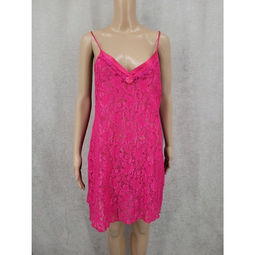 Vintage Nylon Lace Slip Dress Chemsie in Hot Pink